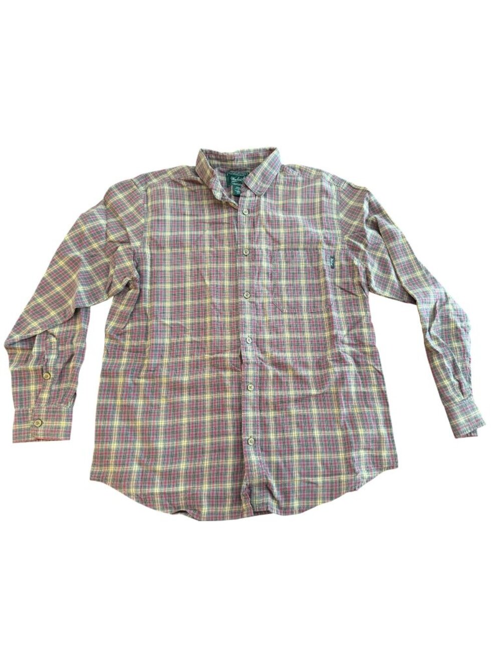Woolrich Plaid Button Down Shirt Mens Large Outdoor Flannel Cotton R/Y/Gr